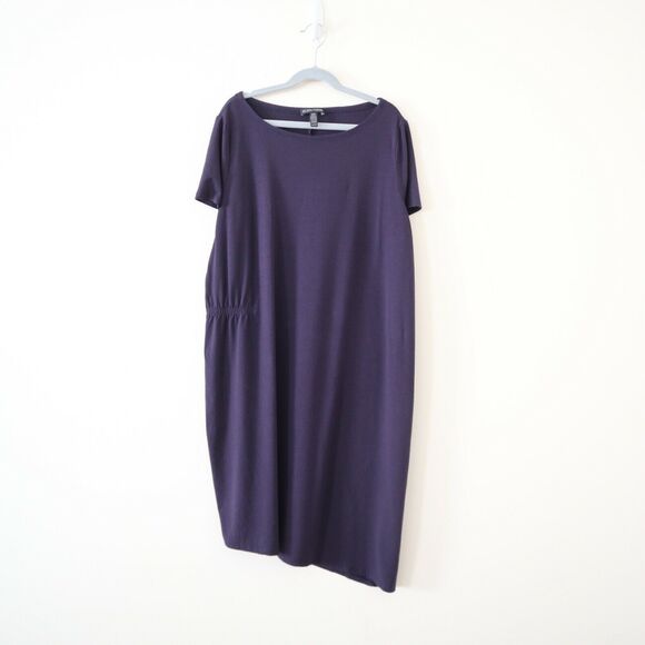 Eileen Fisher Ballet Neck Asymmetric Jersey Dress Purple Ruched Side - Picture 2 of 11